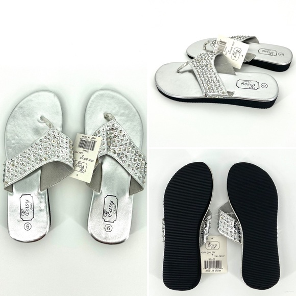 JUST IN Silver Sequins Wedge Flip Flop Sandals - Picture 5 of 12